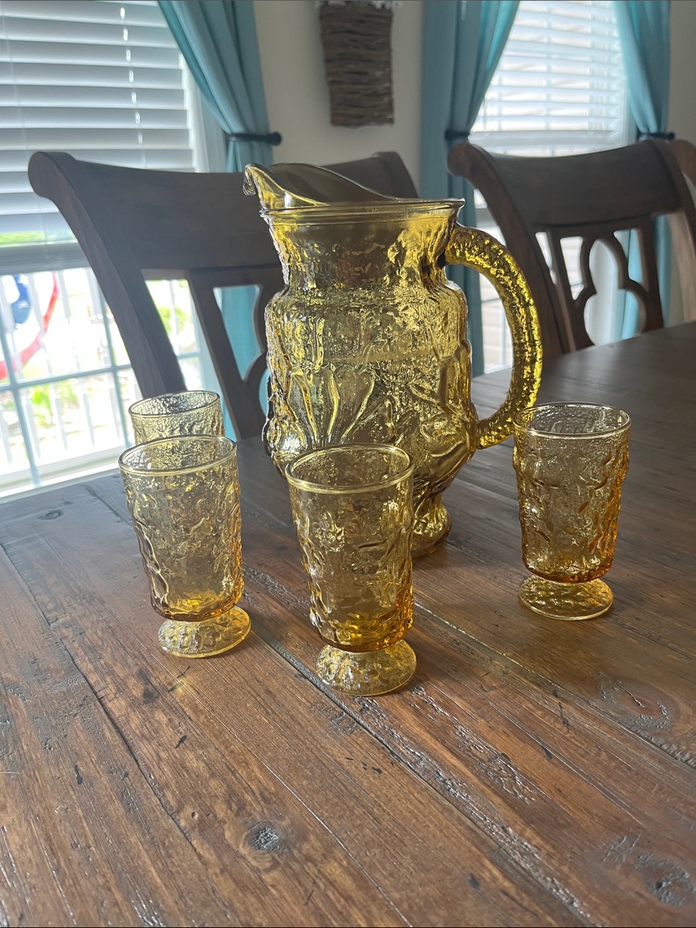 Vintage Amber Anchor Hocking Pitcher with 4 Matching Juice Glasses